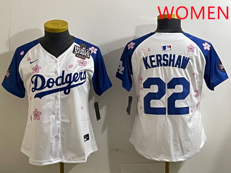 Women Los Angeles Dodgers #22 Kershaw White Blue Sakura Edition 2025 Nike MLB Jersey style 6->women mlb jersey->Women Jersey